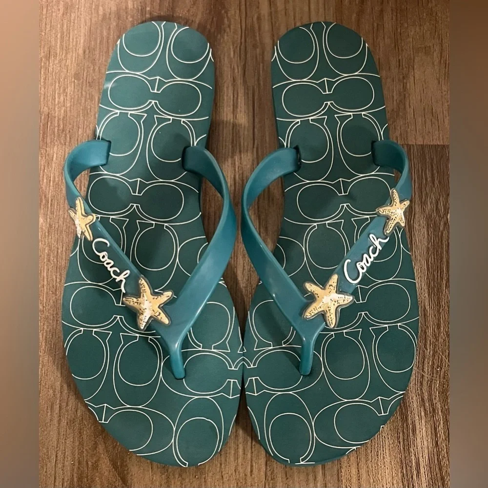 Women's Coach Cortez Flip Flops in Teal With Starfish Embellishments